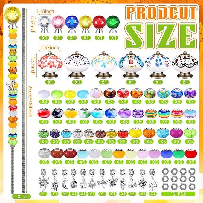Hicarer 248 Pcs DIY Fairy Wand Kit Beaded Stakes with 12 Threaded Rod Nuts 6 Crystal Stopper Top 6 Ceramic Pumpkin Mushroom Top 212 Diamond Bead 12 Silver Glass Pendant for Outdoor Garden Decoration