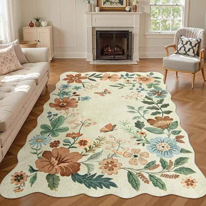 Lahome Floral Washable Living Room Rug, 5x7 Area Rugs for Bedroom Soft | Dining Room Rug Ultra-Thin Non Slip Stain Resistant Boho Low-Pile Throw Carpet for Office Flore (5x7ft, Beige)