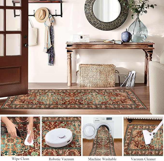 U'Artlines 2' x 8' Boho Hallway Runner Rug, Washable Carpet, Rust＆Teal | Non Slip, Vintage Farmhouse Accent Area Rug Carpet, for Kitchen Entryway Laundry and Living Room