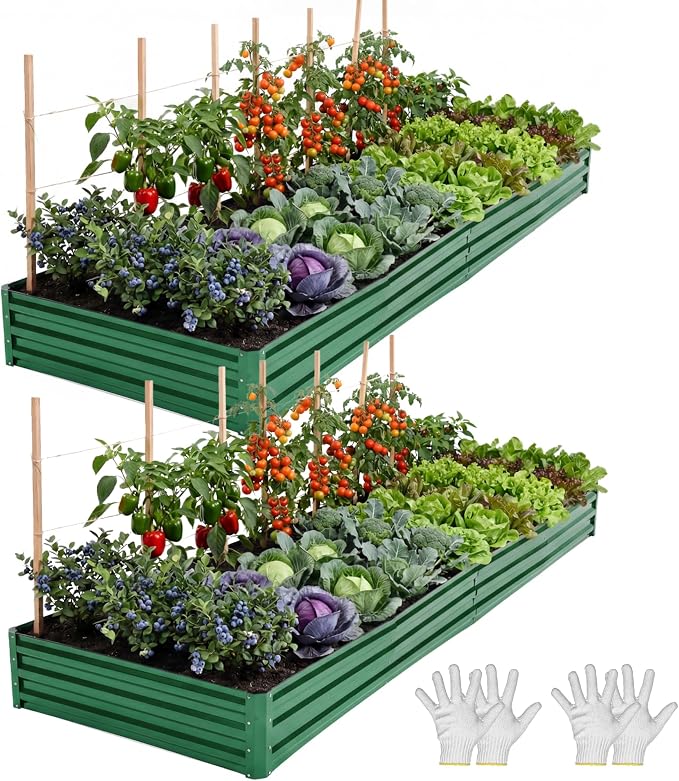 YITAHOME 2pcs 8x4x1ft Galvanized Raised Garden Bed, Metal Planter Box with Safety Rubber, Gloves, Outdoor Flower Bed for Planting Plants Vegetables, Green