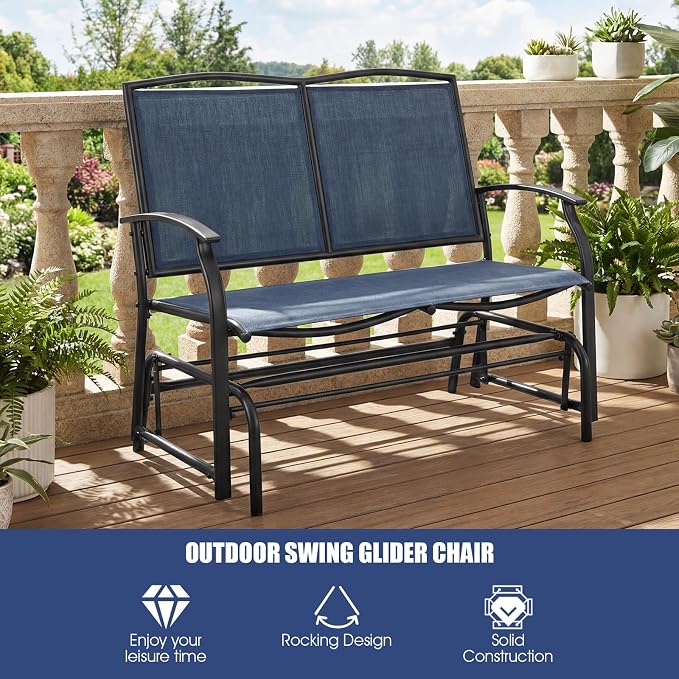 Giantex Outdoor Glider Bench, Patio Glider Bench for Outside, Steel Frame, 400 Lbs Capacity, Ergonomic Swing Rocking Chair Loveseat, 2-Person Porch Swing Rocker for Backyard, Lawn, Balcony, Dark Blue
