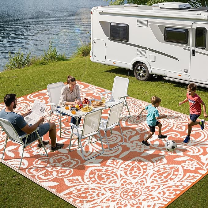 Findosom Waterproof Outdoor Rug 5' x 8' - Reversible Mandala Outdoor Plastic Straw Rug, Durable Foldable Patio Rug for RV, Deck, Balcony, Backyard, Picnic, Porch, Camping, Beach, Orange