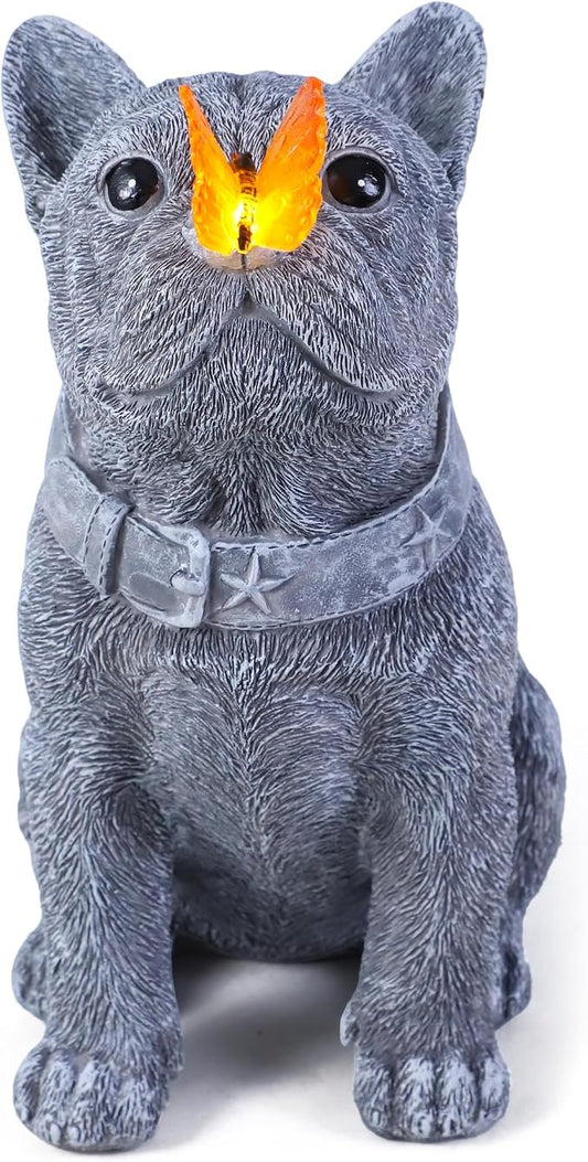 Solar French Bulldog Garden Statue with Butterfly, Outdoor Frenchie Sculpture Decor for Patio, Yard & Lawn, Unique French Bulldog Gifts & Dog Memorial Statue,10 Inch, Resin (Grey Stone)