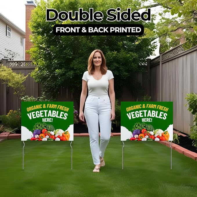 Organic & Farm Fresh Vegetables Here! Yard Sign by DC | 24"x18" Double Sided Conv. Store Garden Sign with 13” Metal Stakes | Outdoor Signs Waterproof for Lawn, Patio, Sidewalk & House | Set of 5