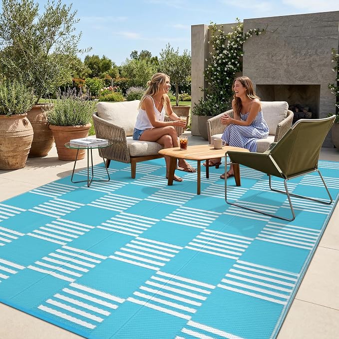 Garvee Waterproof Outdoor Rug 10x20, Checkered Foldable Plastic Straw Patio Camping Rug, Outdoor RV Carpet for Deck Camper Porch Balcony Backyard Picnic Beach Blue and White