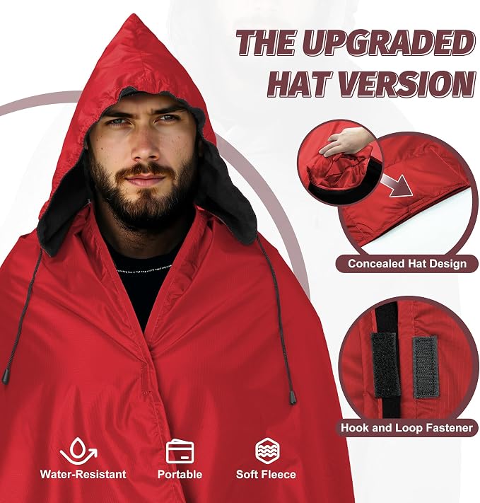 Large Waterproof Outdoor Picnic Blanket 80"x 58" | Windproof Lightweight Stadium Blanket, Packable, Stay Dry and Comfortable for Camping, Sports, Travel - Red Hooded