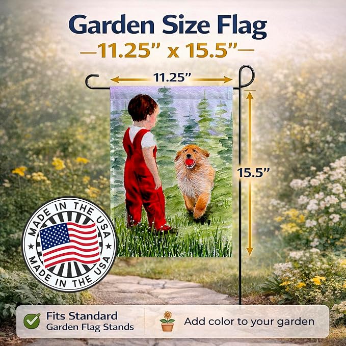 Caroline's Treasures SS8545GF Little Boy with his Golden Retriever Garden Flag Mailbox Flag Decorative Yard Flag Banner Outside Patio Artwork Yard Flower Beds, Garden Size, Multicolor