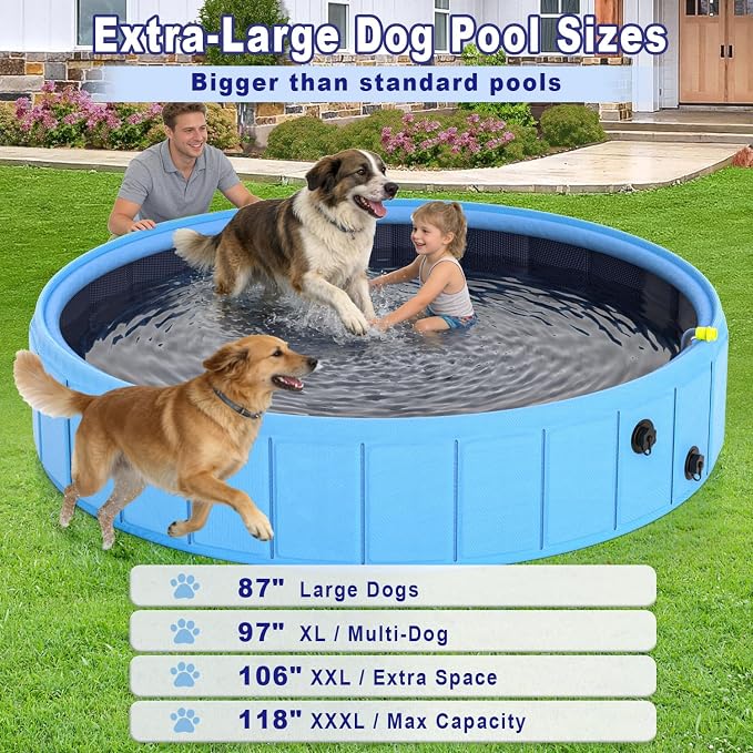 Foldable Dog Pool with Sprinkler, 118" Extra Large Non-Slip Dog Swimming Pool, 2-in-1 Outdoor Backyard Pet Bathing Tub with Drain Plug for Dogs Kids Pets Ducks