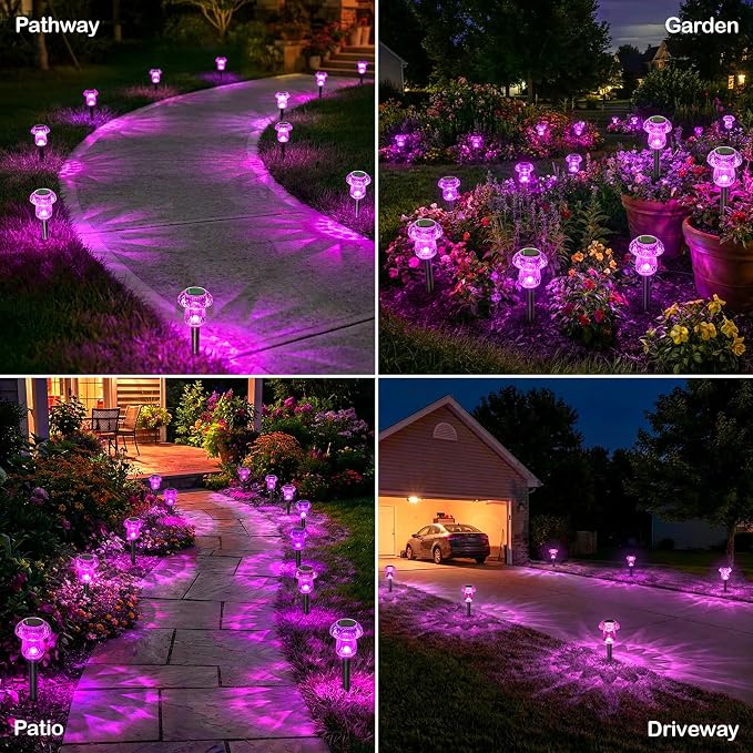 Solar Pathway Lights Outdoor Gifts for Mom Mushroom Garden Lights Waterproof Solar Powered Yard Lighting for Landscape, Driveway, Path, Walkway, Patio, Outside Garden, Pink Purple