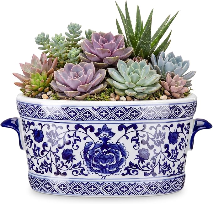 LemonRoad Blue and White Ceramic Planter Pot 14 x 7.7 x 6.1 inches Porcelain Vintage Floral Oval Cachepot Vase Chinoiserie Decor for Indoor Plants Flowers Succulents Home Living Room (Classic Style)
