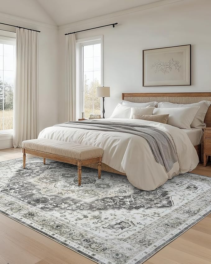 AMADA HOMEFURNISHING Grey 8x10 Area Rug, Washable Low-Profile Large Area Rug with Non-Slip Backing & Durable Edge Binding, Vintage Large Rugs for Living Room, Bedroom
