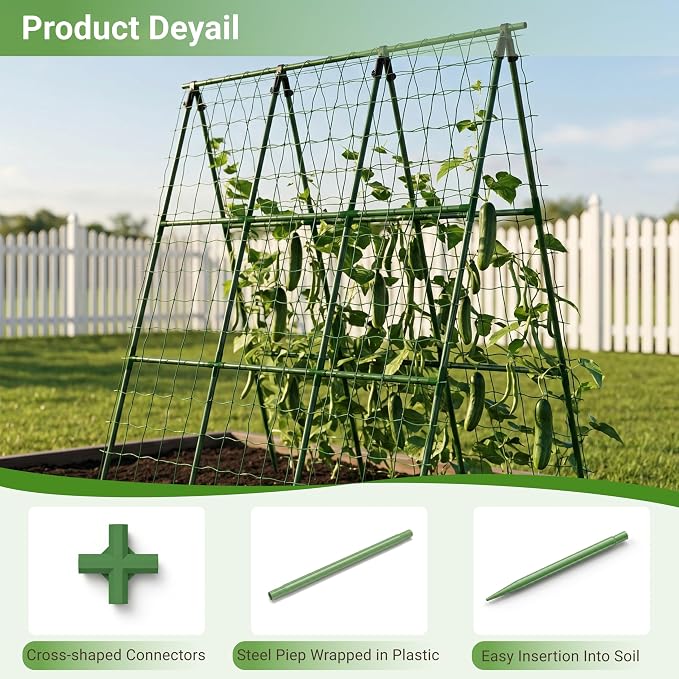 Cucumber Trellis for Raised Bed, A-Shape Arch Metal Garden Trellis for Climbing Plants, Heavy Duty Plant Trellis Outdoor, Easy Assembly Rustproof Trellis for Vines