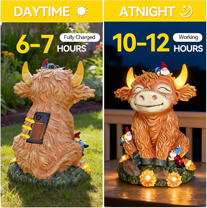 Solar Highland Cow Garden Statue with Funny Gnomes | LED Lights, Outdoor Decor, Yard Art, Gift for Mom & Grandma
