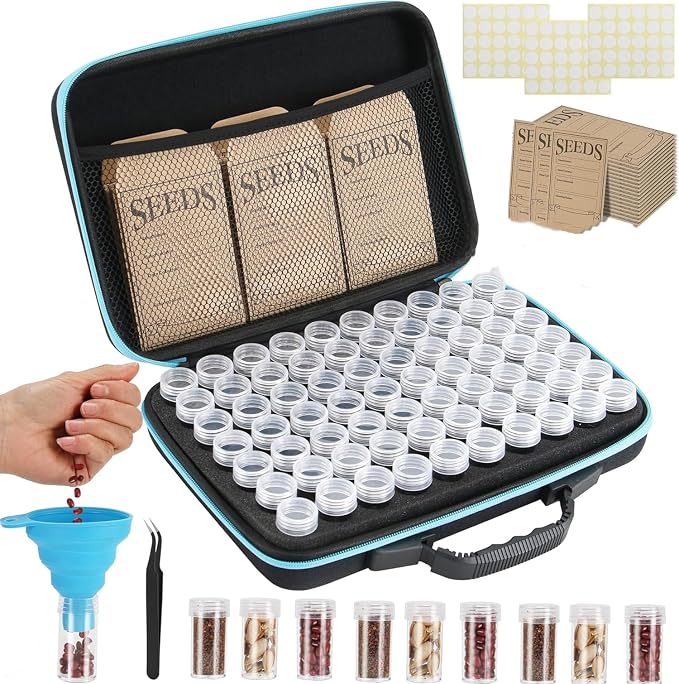 60 Slots Seed Storage Organizer with 10 Seed Envelopes,Sturdy Seeds Saving Storage Box with Zipper Bag Label Stickers(Seeds not Included), Seed Storage Container for Flower Plants Garden (60 Slots)