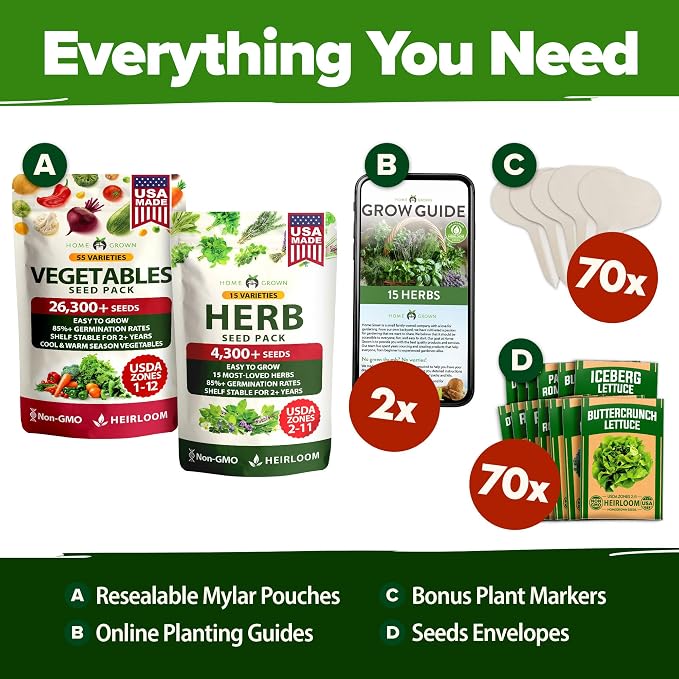 HOME GROWN 70 Variety Vegetable & Herb Seeds 30,600+ USA Non-GMO Heirloom Survival Seeds Garden Kit for Spring, Fall, Winter Indoor & Outdoor Planting Starter Set for Home Gardeners & Preppers