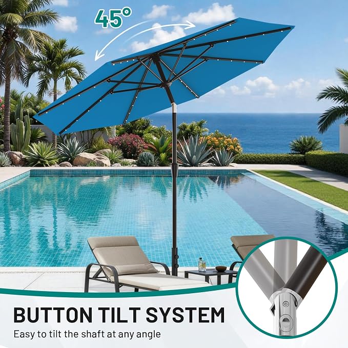 AreShark 9FT Patio Umbrella with Solar Lights, 32 Lighted Pool Umbrella w/Tilt and Crank, Outdoor Market Solar Umbrellas for Garden, Deck, Backyard, Pool and Beach, Royal Blue
