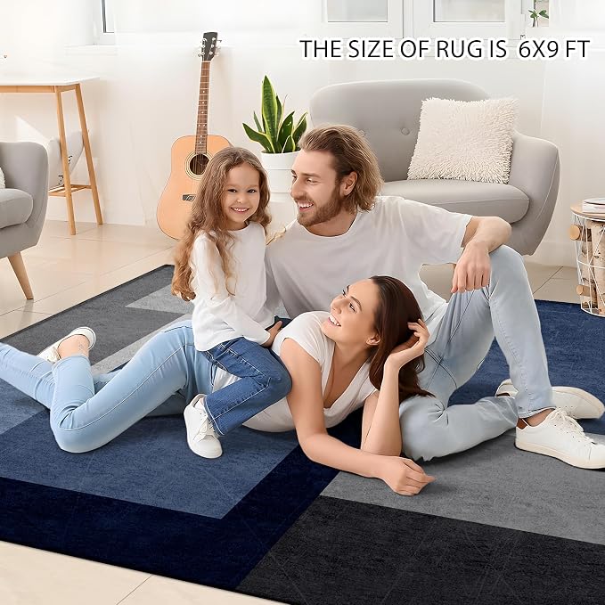 Washable Low-Profile Geometric Area Rug, 0.2 inch Thin Abstract Rug Design for Living Room & Bedroom Decor, 6x9 ft Blue Grey Modern Non-Slip Floor Rug