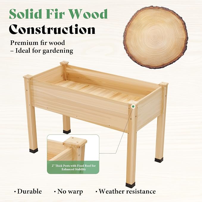 AMERLIFE Raised Garden Bed, 48x30x24 Inches Elevated Wood Planter Box with Bed Liner, Legs, Divider, Drainage Holes, Stand for Backyard, Patio, 330 Lb Capacity - Light Wood