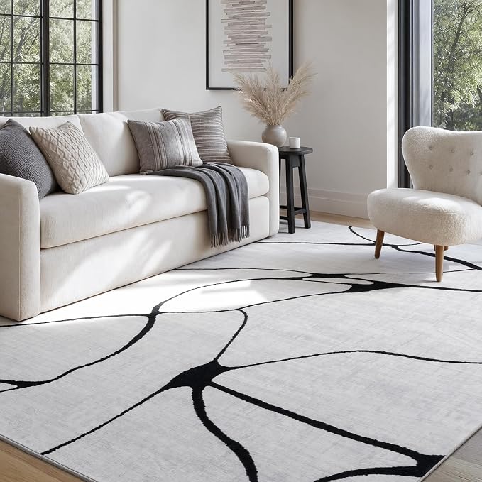 6x9 Washable Modern Abstract Black White Area Rug | Ultra-Thin Low Pile, Non-Slip TPE Backing, Soft Stain Resistant, Machine Washable, for Bedroom Livingroom High Traffic