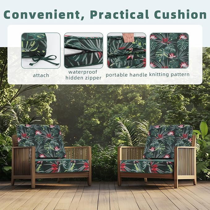 Favoyard Deep Seat Patio Cushion 19 x 19 x 3 in Waterproof Seat & Back Cushion Set with Color Fade Resisitant Pattern, Portable Handle, Attach Straps, Zipper on Removable Cover for Outdoor Furniture