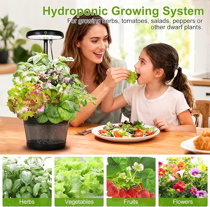 Indoor Clay Pebbles Hydroponic Gardening System with 20W LED Plant Grow Light.The Translucent hydroponic Growing System for Hydroponic Herbs, Vegetables, Lettuce Harvest on Countertop for Mother's Day