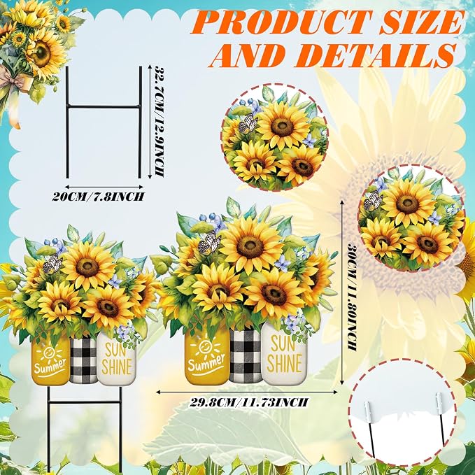 Amyhill Summer Sunflower Outdoor Decor Metal Garden Stakes 25 Inch Summer Welcome Yard Signs Decorations Outdoor Sunflower Decorative Garden Stakes Patio Lawn Walkway Backyard Porch Decorations