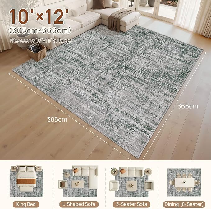 UERMEI 10x12 Area Rug for Living Room Washable Abstract Grey/Green Carpet | Low Pile Non-Slip Soft Neutral Modern Kid Pet Friendly Large Rugs For Bedroom Dining Room Nursery Office Indoor Decor