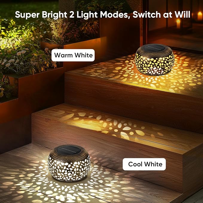 Solar Lantern Outdoor Patio Decor: 4 Pack Solar Lanterns Outdoor Waterproof, Hollow Out Retro Metal Solar Lights, Yard Porch Garden Balcony Indoor Desk Bedroom Tabletop Decorations, 2 Lighting Colors