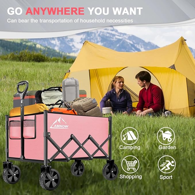 Collapsible Folding Wagon Cart, 350LBS Utility Large Capacity Cart Foldable Wagon with All Terrain Wheels, Grocery Wagons Carts for Garden Shopping Sports Camping, Light Pink