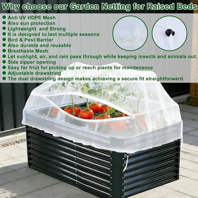 1 Pack Garden Netting for Raised Beds, Fine Mesh Bird Netting Barrier Screen with Zipper Drawstring Garden Bed Plant Cover for Protect Vegetable Fruits Crop from Animals Pest Insect, 4.1×4.1×2Ft