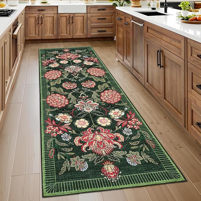 GarveeHome Forest Green Floral Botanical 2x6 Washable Kitchen Runner Rugs Non Slip Vintage Boho Cottage Long Rug for Hallways Bedroom Entryway Bathroom Mat with Rubber Back