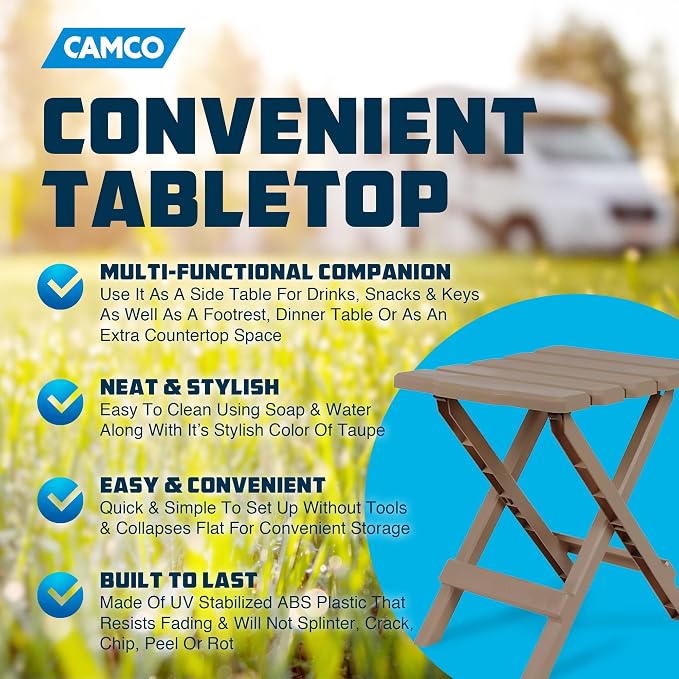 Camco Adirondack Portable Outdoor Camping Small Weatherproof Rustproof Durable Plastic Folding Side Table for Indoor and Outdoor Use, 2 Pack, Taupe