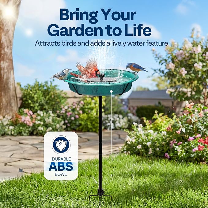 VIVOHOME Oval Bird Bath with Solar Fountain for Outside, Weather-Resistant ABS Birdbath Bowl with Solar Powered Pump, Metal Ground Stake for Outdoor, Garden, 1.3 Gallons, Green