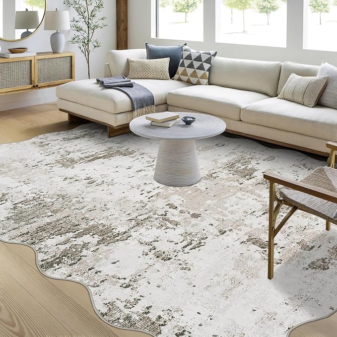 ROYHOME 10x13 Modern Scalloped Abstract Faux Wool Accent Rug, Taupe | for Living Room Low Pile Ultra Soft Stain Resistant Non Slip Non Shedding Throw Rug for Bedroom Home Decor