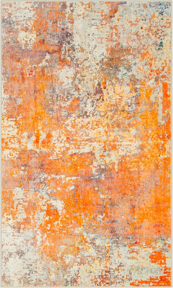 Lahome Modern Abstract Area Rug - Soft 3x5 Rugs for Bedroom Washable Living Room Entryway Rug, Contemporary Non Slip Indoor Accent Carpet for Nursery Office Kitchen Bathroom, Orange/Yellow