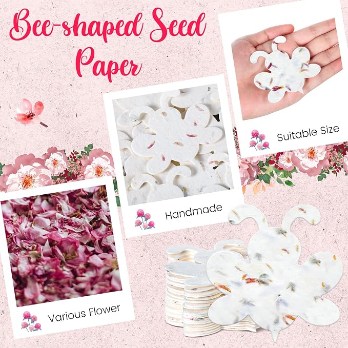 Dunzoom 50 Pcs Handmade Seed Paper Plantable Wildflower Seed Paper Recycled Flower Petals Tags Wedding Favors for Guests Craft Gifts Cards for Envelope Birthday Party, 5 Styles (Bee Shape)
