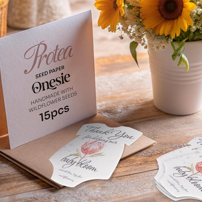 15pcs Protea Onesie-Shaped Gift Tags with Wildflower Seeds - Writable Gift Wrap Tags for Baby Showers, Mother's Day Present, Party Favors, DIY Crafts, & Earth Day Decorations