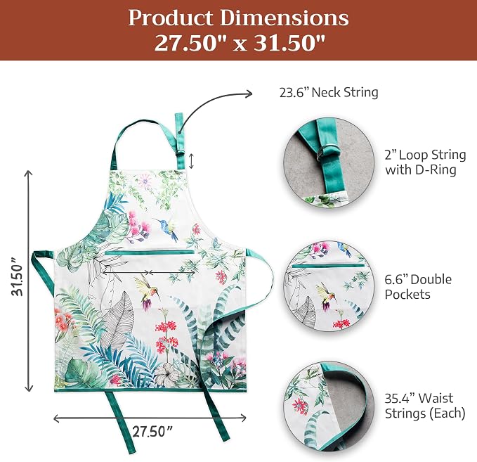 Maison d' Hermine Aprons for women with Pocket 100% Cotton (27.50"x31.50") | Adjustable Neck Strap & long ties Apron Men Chef Wedding Cooking Gardening Server Maid