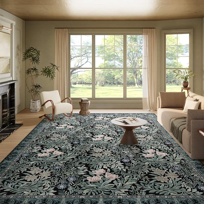 Washable Area Rugs 9x12 Black Green Vintage Floral Botanical Pattern,Perfect for Living Room, Bedroom, Kids Room, Nursery - Stain & Water Resistant Non-Slip, Pet & Child Friendly/Bedroom Decor