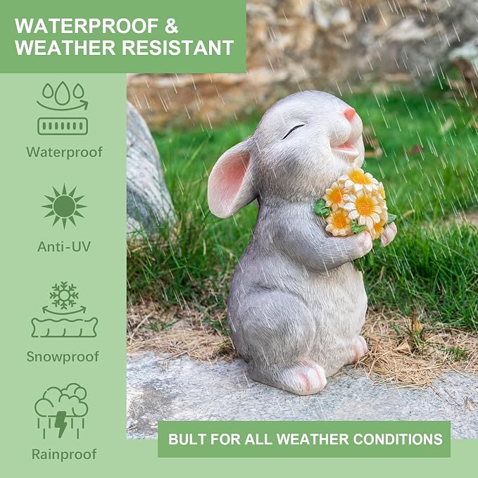 Solar Rabbit Garden Statues Outdoor Bunny Decor Resin Rabbit Figurine Holding Sunflower with LED Lights for Proch Patio Lawn Yard Mother's Day Christmas Birthday Gardening Gifts for Mom Women