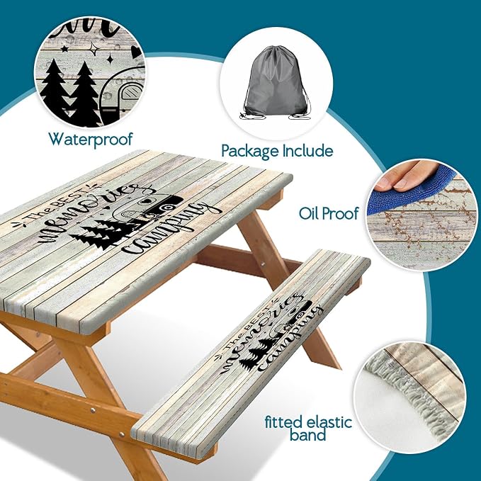 Picnic Table Cover with Bench Covers and Bag, Outdoor Camping Camper RV Wood Waterproof Windproof Tablecloth with Elastic Edges, Camping Accessories RV Gear Campers 60x30 Inches 3 Pcs Set
