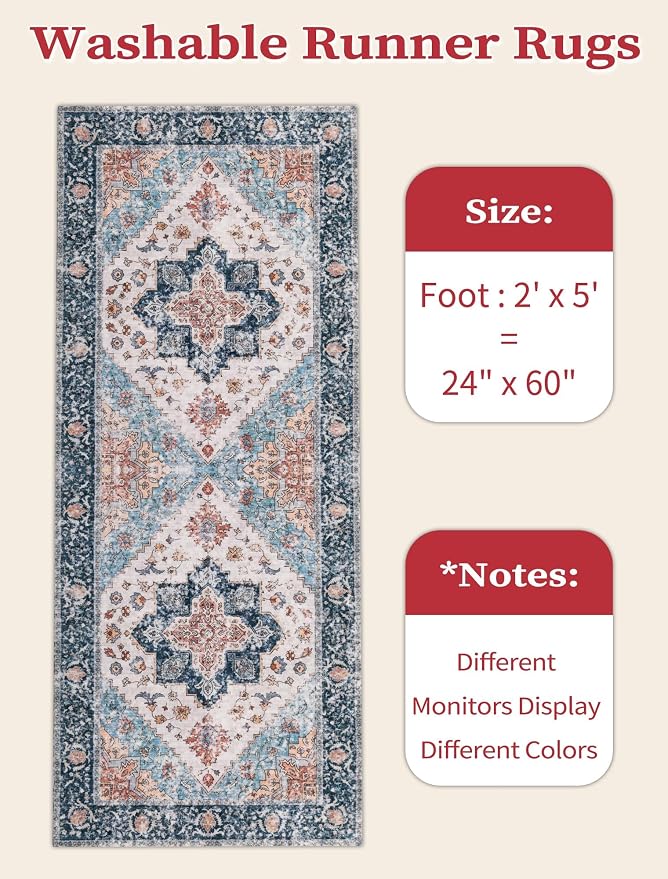 SERISSA 2x5 Washable Non Slip Boho Runner Rug for Hallway，Blue Orange | Ultra Soft Vintage Oriental Carpet Low-Pile Distressed Tribal Floor Carpet for Kitchen Bedroom Bathroom Laundry Living Room