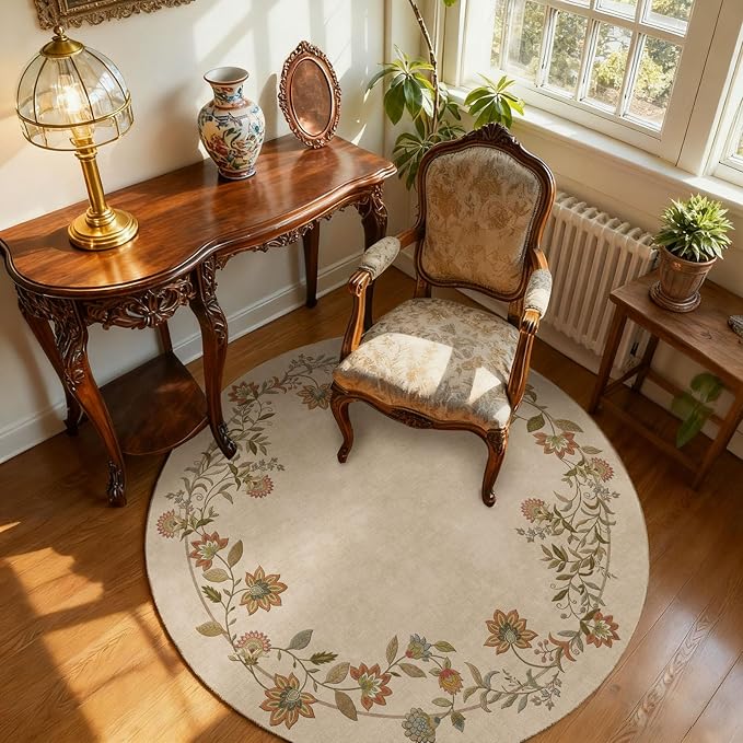 Washable Bedroom Round Rug 4ft: Living Room Rug Stain Resistant Non Slip Low Pile Ultra Soft Faux Wool Circle Area Rugs for Bedroom Kitchen Entryway Kids Room Bathroom Entrance Nursery Dorm Office