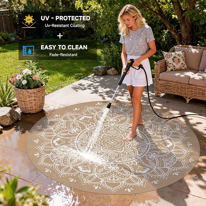 Pauwer Waterproof Outdoor Rug 8ft, Reversible Plastic Straw Patio Camping Rug, Indoor Outdoor RV Mat Carpet for Deck, Camper, Porch, Balcony, Backyard, Picnic, Floral Brown