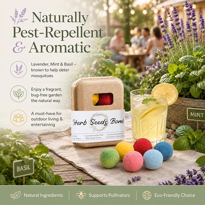 Herb Wildflower Seed Ball - 6 Seed Bombs in Gift Box, 6 Herb Seeds (Basil, Parsley, Cilantro, Chives, Lav, Mint), Beginner-Friendly No Dig Gardening, Easter Gardening Gift Set for Women Mom Her