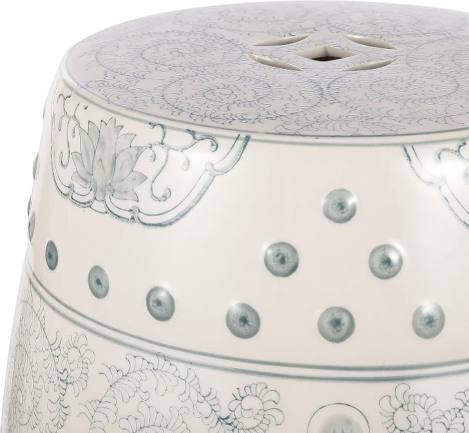 JONATHAN Y Double Happiness 18" Ceramic Garden Stool, Traditional Chinoiserie Dusty Teal and White Indoor/Outdoor Patio Drum Accent Side Table and Plant Stand TBL1013C