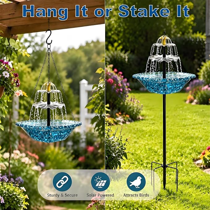 Solar Bird Bath Fountain for Outside,Plastic Birdbath with Metal Stand and Hook,New Spray System Outdoor Water Fountain,Floor-Standing and Wall-Mounted for Garden, Yard, Patio & Lawn Decor (Blue)