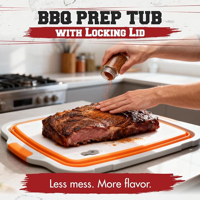 KITCHEN PERFECTION Collapsible XL Smoker & BBQ Prep Tub with Locking Lid | Includes Cutting Board, Meat Marinade & Brine Container For Turkey, Brisket & Ribs - Best Grill Accessories Gifts For Men