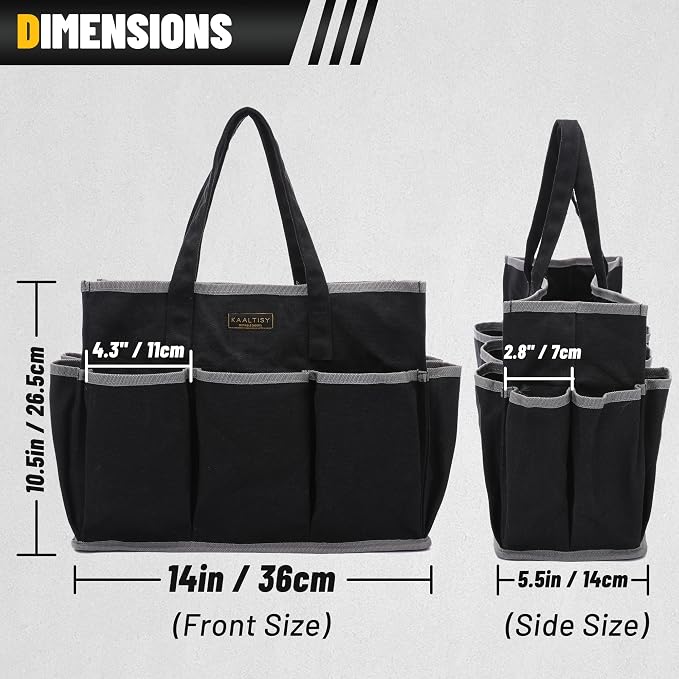 Canvas Tool Tote Bag, Heavy Duty 16oz Waxed Canvas Tool Storage Pouch with 1 Large Compartment & 10 Small Pockets | Multi-Purpose Garden Tool Bag for Horticulturists Mechanics Craftsmen – Black
