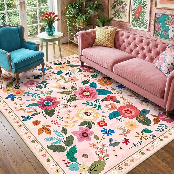 RELEANY Floral Washable 4x6 Area Rugs Pink | Flower Carpet, Print, Boho, Non-Slip, Easy to Clean, Soft, Low Pile for Living Room Bedroom Kitchen Office Entryway Hallway
